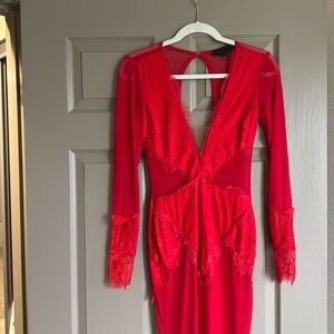 red sheer/lace formal dress